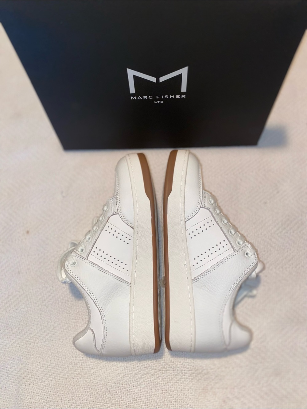 New in box Marc Fisher White Leather Low-Top Sneakers with Tan Outsole